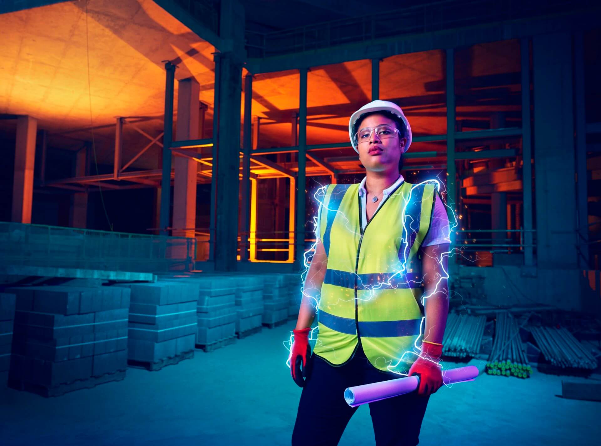 Women standing in construction yard with sparks around her body